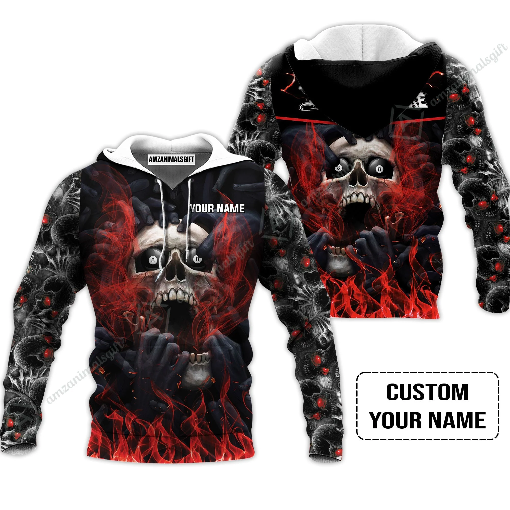 Custom Billiard Hoodie - Dead Stroke Pool 8 Ball Skull On Fire Personalized Name, Perfect Billiard Hoodie