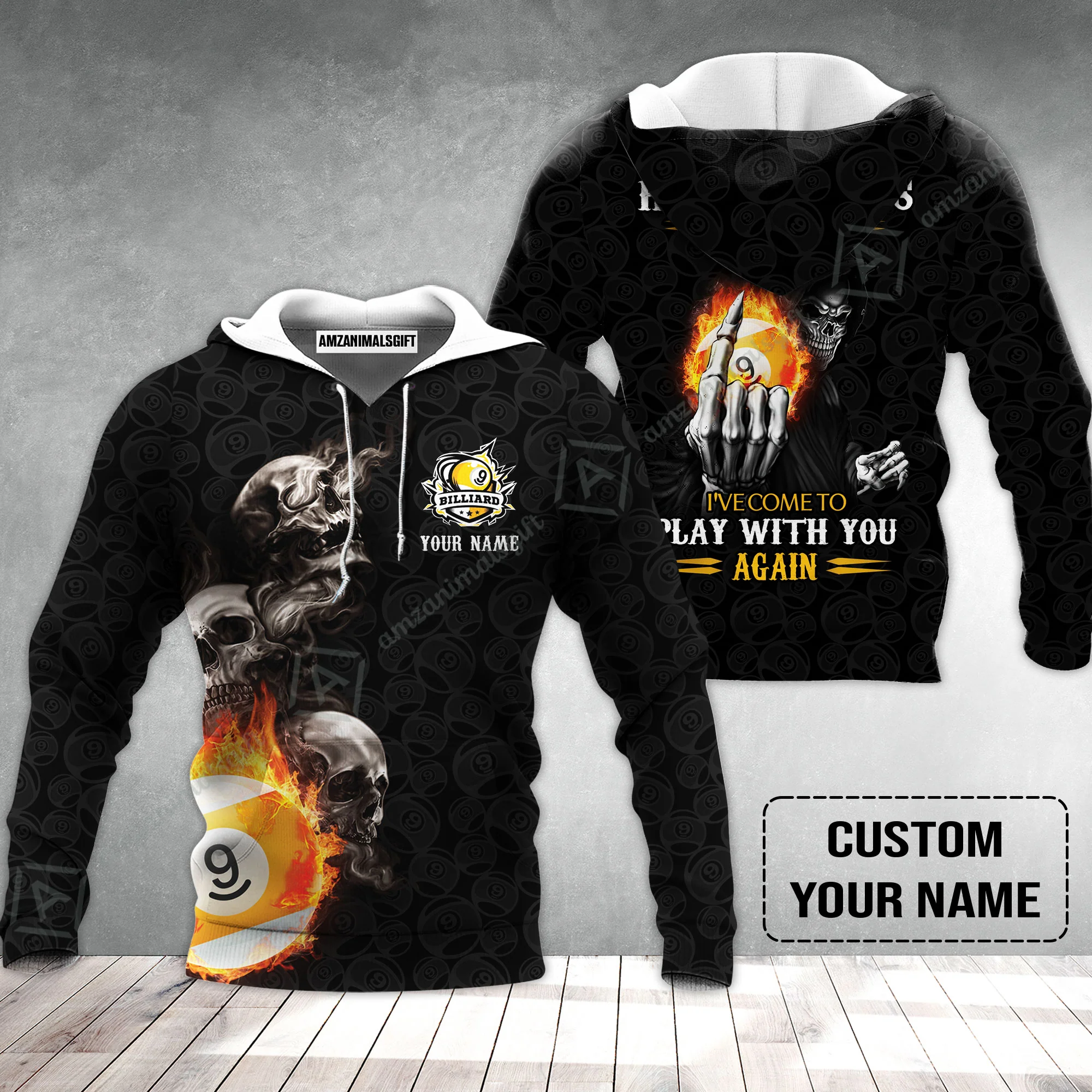 Custom Billiard Hoodie- Skull Reaper Billiard Pool 9 Ball Hello Darkness My Old Friend Personalized Name Hoodie - Image 2