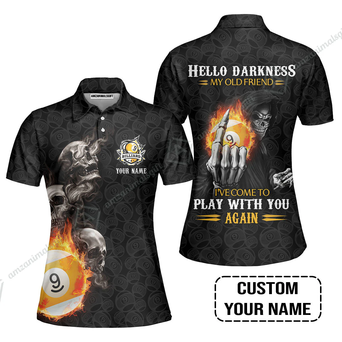 Custom Billiard Hoodie- Skull Reaper Billiard Pool 9 Ball Hello Darkness My Old Friend Personalized Name Hoodie - Image 5