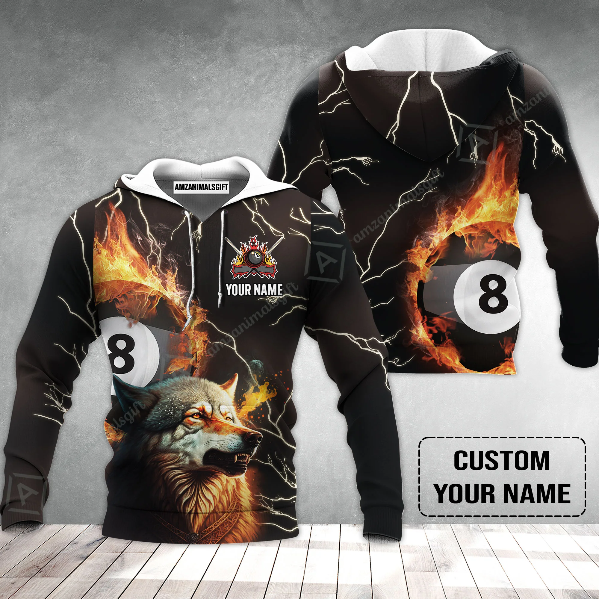 Custom Billiard Hoodie - Wolf On Fire Billiard Pool 8 Balls Personalized Name, Perfect Billiard Hoodie - Image 2