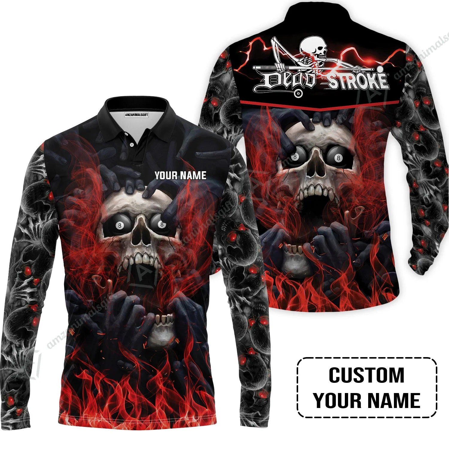 Custom Billiard Long Polo Shirt - Dead Stroke Pool 8 Ball Skull On Fire Personalized Name, Perfect Billiard Long Polo Shirt