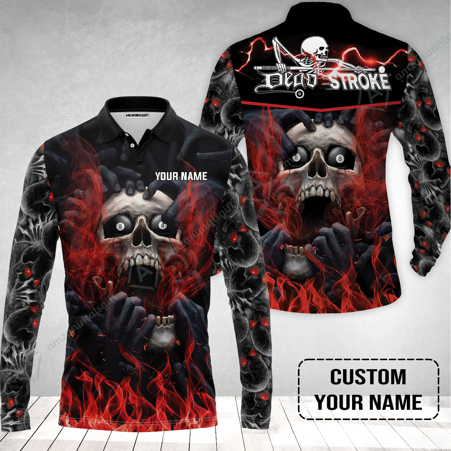 Custom Billiard Long Polo Shirt - Dead Stroke Pool 8 Ball Skull On Fire Personalized Name, Perfect Billiard Long Polo Shirt - Image 2
