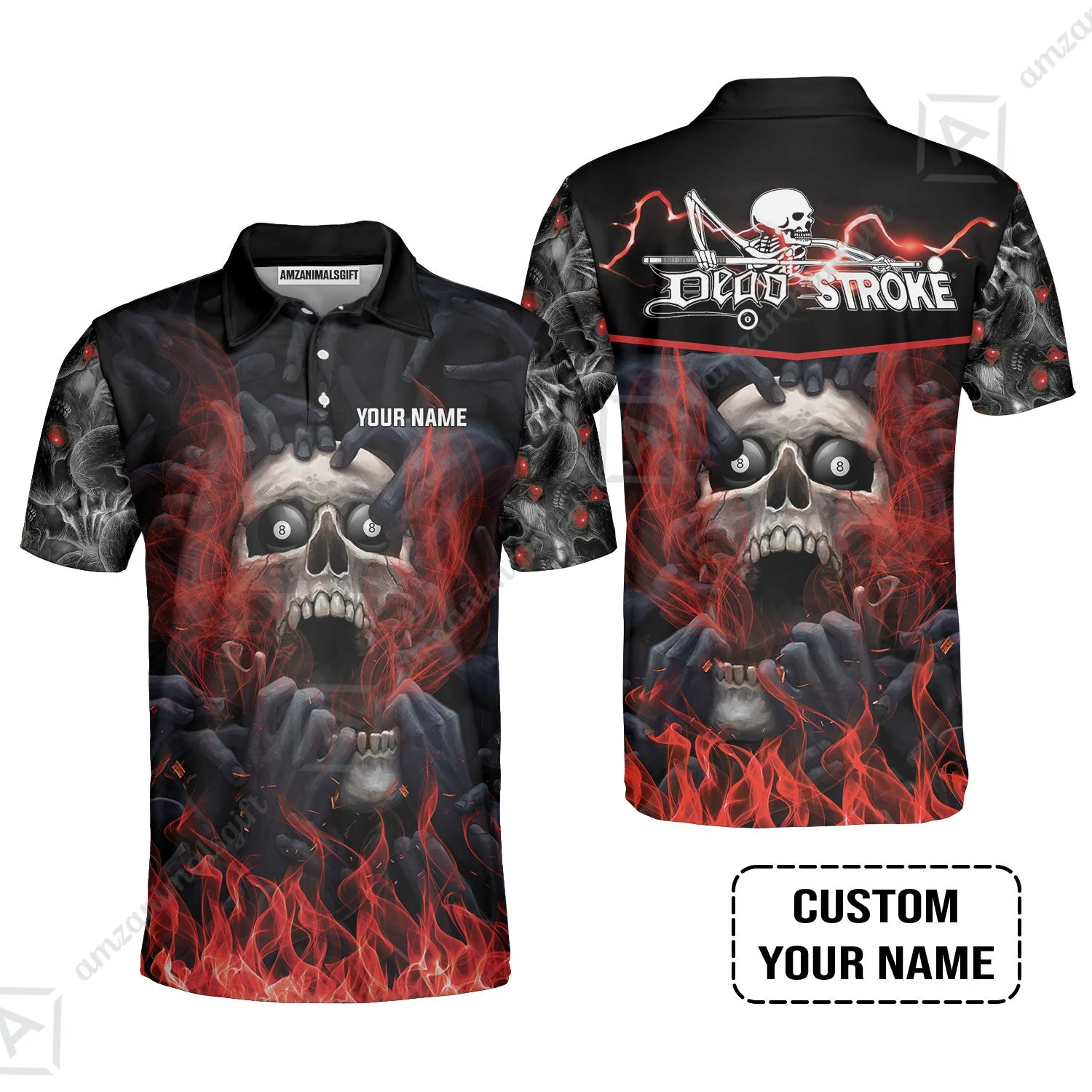 Custom Billiard Long Polo Shirt - Dead Stroke Pool 8 Ball Skull On Fire Personalized Name, Perfect Billiard Long Polo Shirt - Image 3