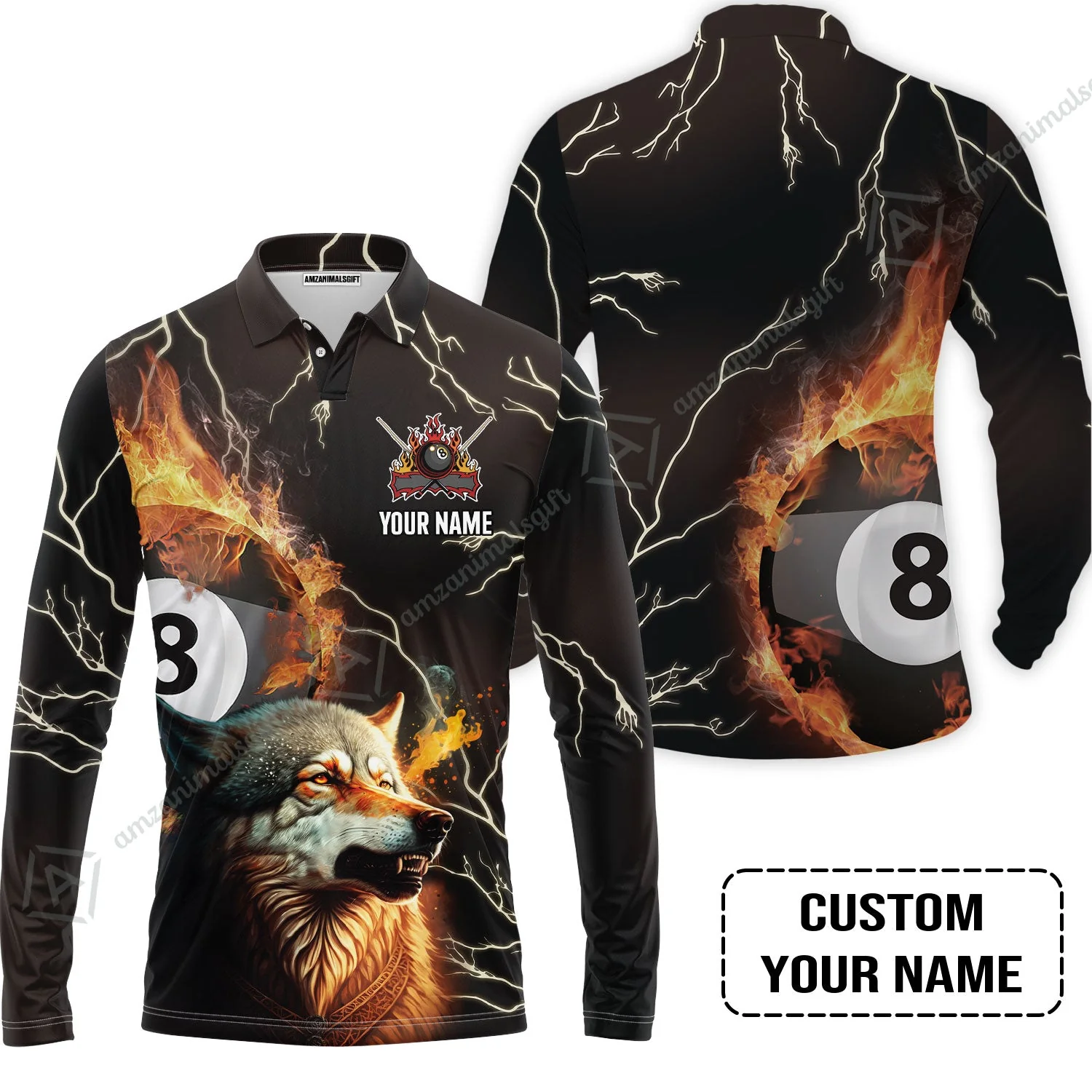 Custom Billiard Men Long Polo Shirt - Wolf On Fire Billiard Pool 8 Balls Personalized Name, Perfect Billiard Long Polo Shirt