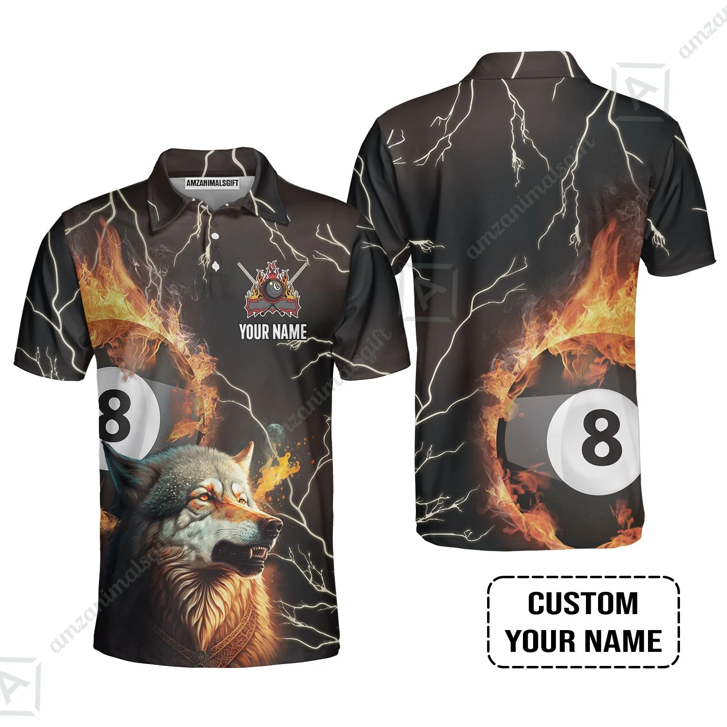 Custom Billiard Men Long Polo Shirt - Wolf On Fire Billiard Pool 8 Balls Personalized Name, Perfect Billiard Long Polo Shirt - Image 3