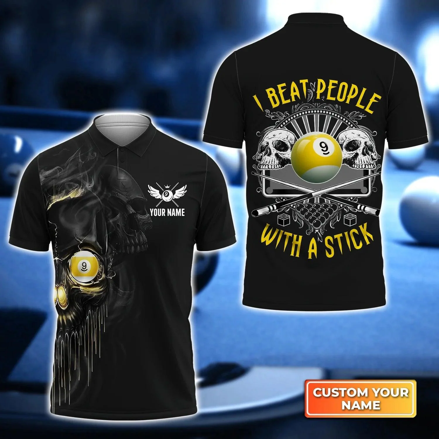 Custom Billiard Men Polo Shirt - Billiard 9 Ball I Beat People With a Stick Personalized Name Polo Shirt - Perfect Billiard Polo Shirt For Men
