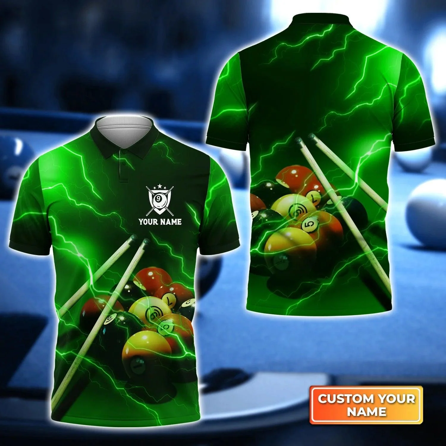 Custom Billiard Men Polo Shirt - Billiard 9 Ball Thunder Lightning Fluor Green Personalized Name, Perfect Billiard Polo Shirt For Men, Billiard Players
