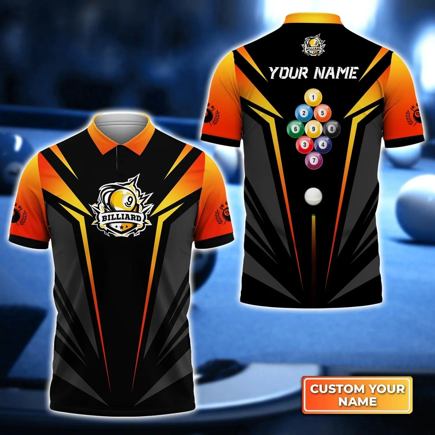 Custom Billiard Men Polo Shirt - Billiard Pool Nine-Ball In Orange Personalized Name Polo Shirt - Perfect Billiard Polo Shirt For Men, Team Tad