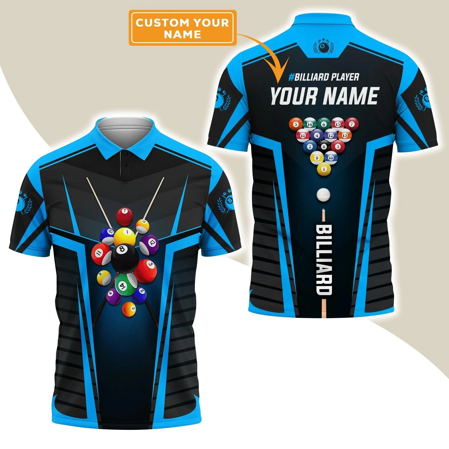 Custom Billiard Men Polo Shirt - Blue Billiard Balls Personalized Name Polo Shirt - Perfect Billiard Polo Shirt For Men, Billiard Lover - Image 2