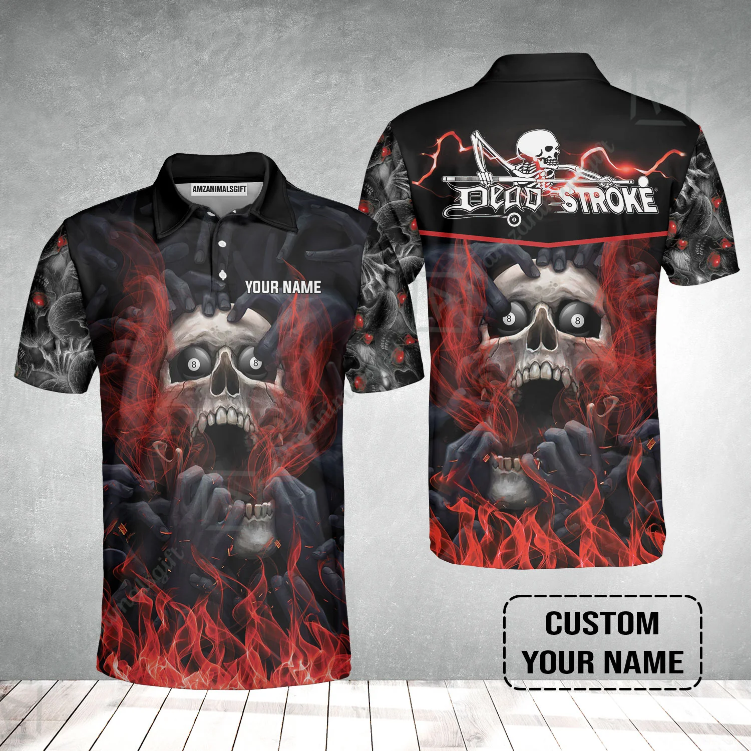 Custom Billiard Men Polo Shirt - Dead Stroke Pool 8 Ball Skull On Fire Personalized Name, Perfect Billiard Polo Shirt - Image 2