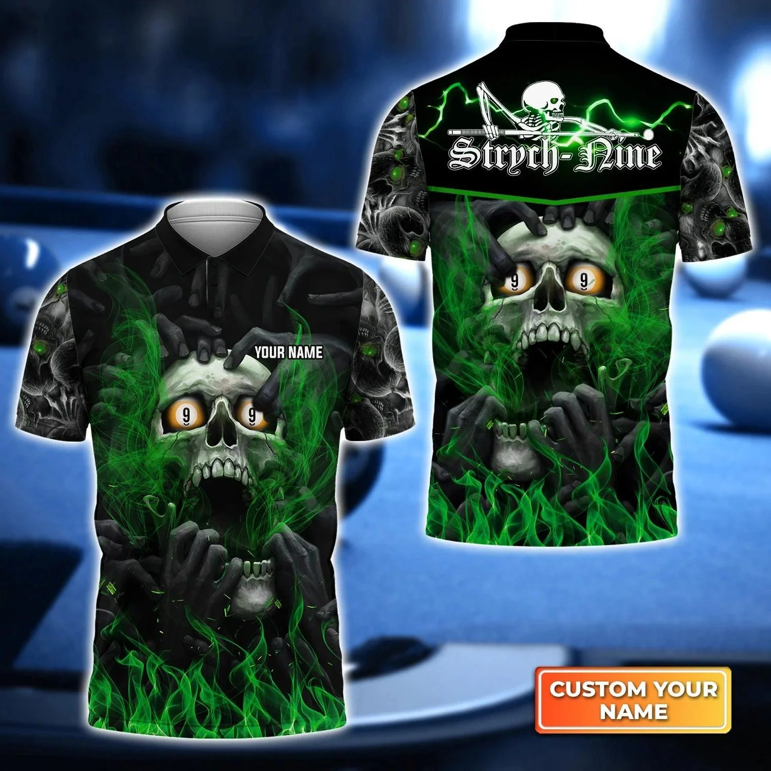 Custom Billiard Men Polo Shirt - Dead Stroke Pool 8 Ball Skull On Fire Personalized Name, Perfect Billiard Polo Shirt For Men, Billiard Players