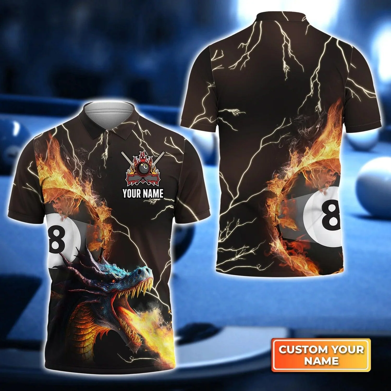 Custom Billiard Men Polo Shirt - Dragon On Fire Billiard Pool 8 Balls Personalized Name, Perfect Billiard Polo Shirt For Men, Billiard Players