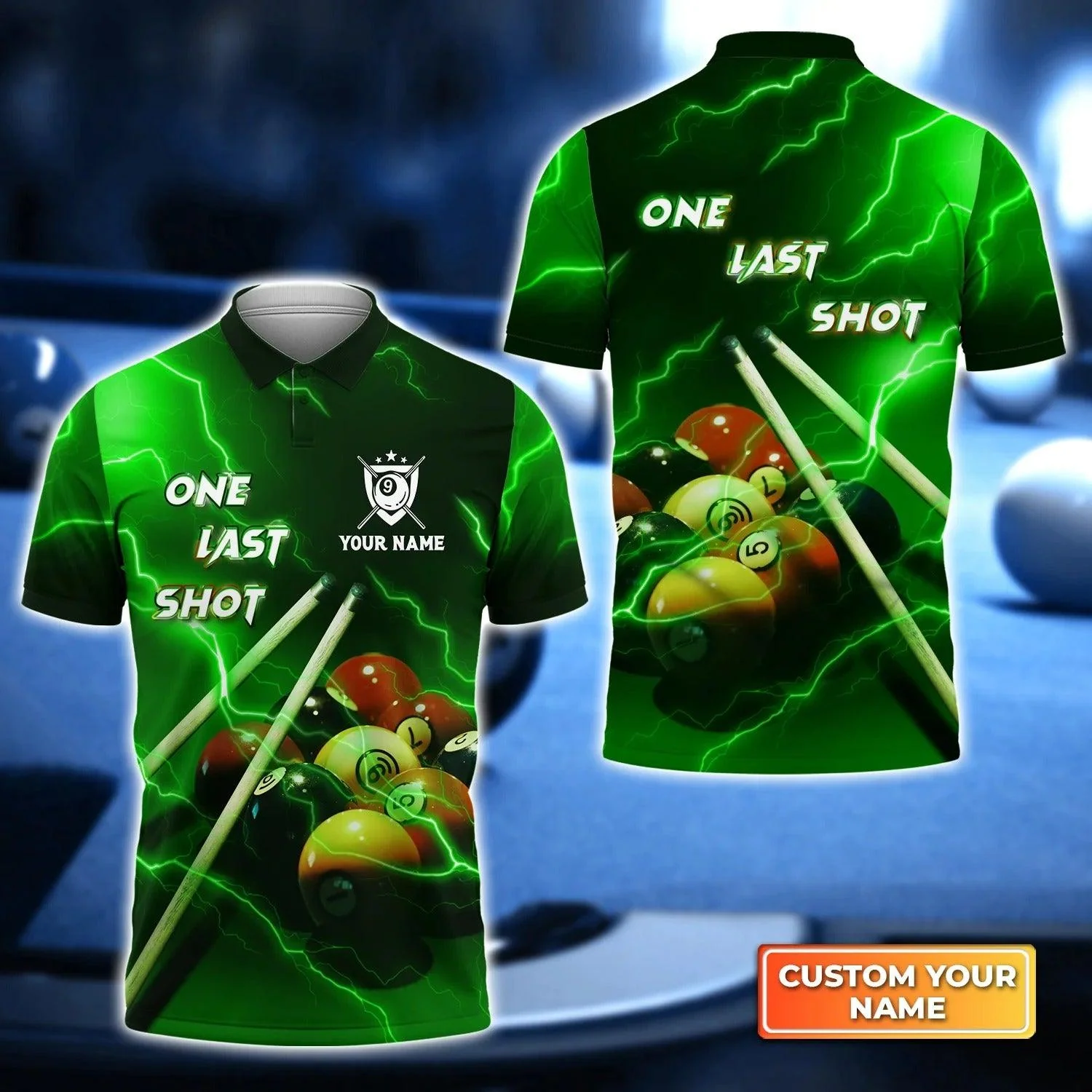 Custom Billiard Men Polo Shirt - One Last Shot Billiard 9 Ball Thunder Lightning Fluor Green Personalized Name, Perfect Billiard Polo Shirt For Men