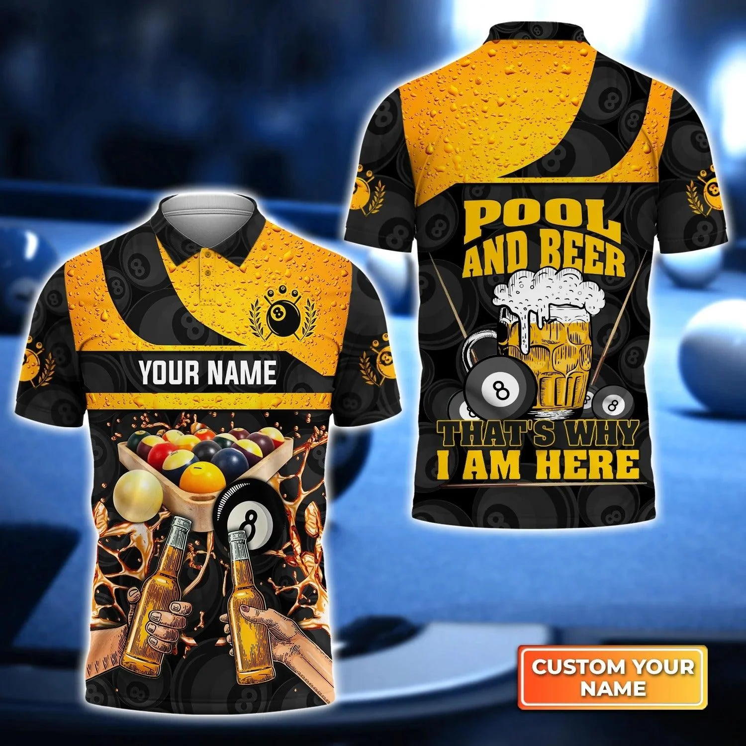 Custom Billiard Men Polo Shirt - Pool And Beer That's Why I Am Here Personalized Name Polo Shirt - Perfect Billiard Polo Shirt For Men, Billiard Lover