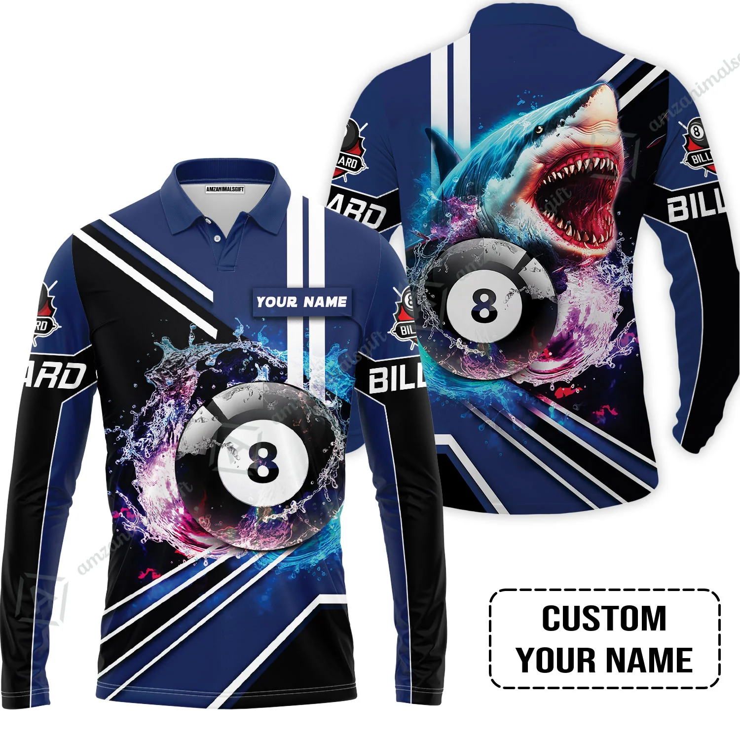 Custom Billiard Men Polo Shirt - Shark Billiard Team Pool 8 Ball Personalized Name Polo Shirt - Image 3