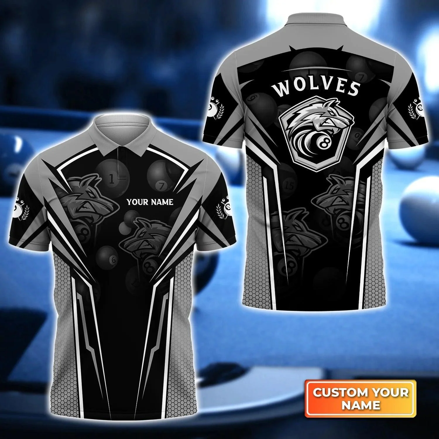 Custom Billiard Men Polo Shirt - Wolf Team Pool Eight Ball Billiard Personalized Name, Perfect Billiard Polo Shirt For Men, Billiard Players