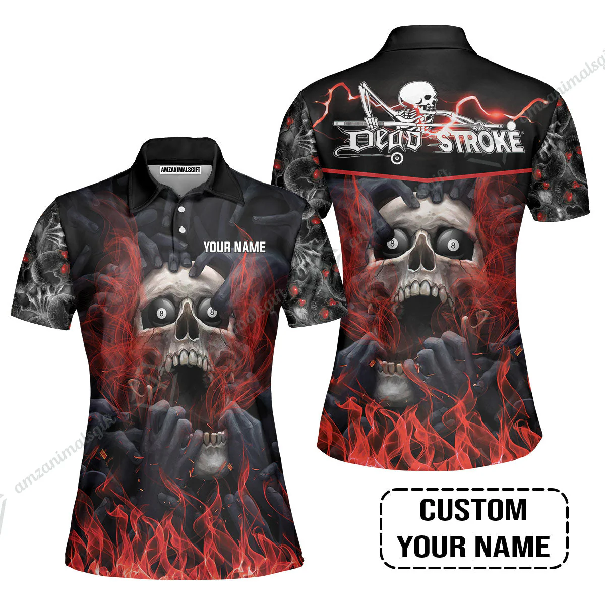 Custom Billiard T-Shirt - Dead Stroke Pool 8 Ball Skull On Fire Personalized Name, Perfect Billiard T-Shirt - Image 4