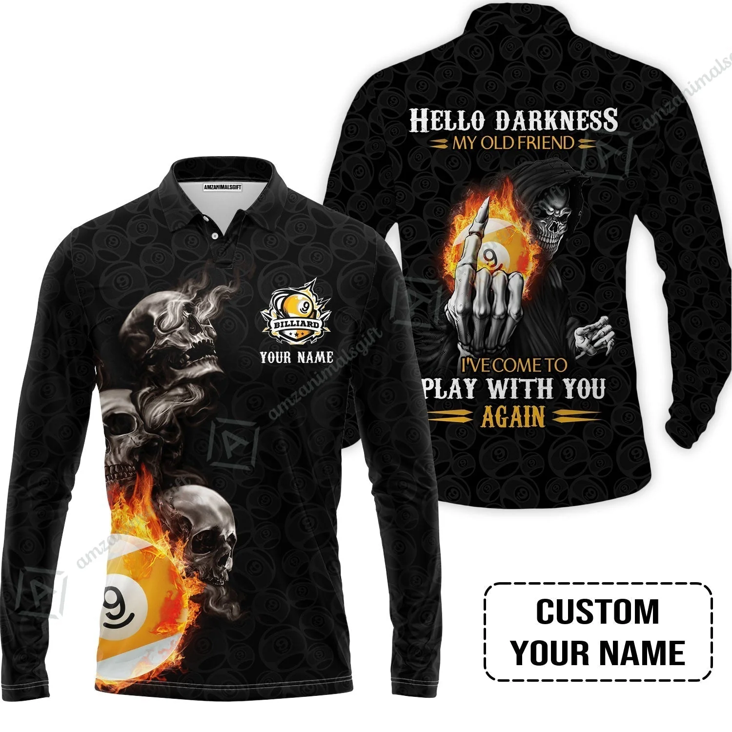 Custom Billiard T-Shirt - Skull Reaper Billiard Pool 9 Ball Hello Darkness My Old Friend Personalized Name T-Shirt - Image 6