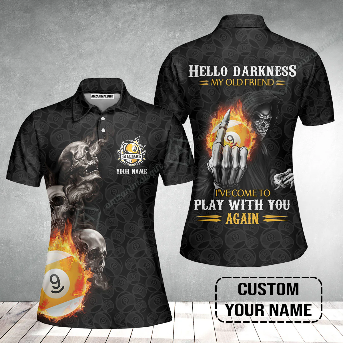 Custom Billiard Women Polo Shirt - Skull Reaper Billiard Pool 9 Ball Hello Darkness My Old Friend Personalized Name Women Polo Shirt - Image 2