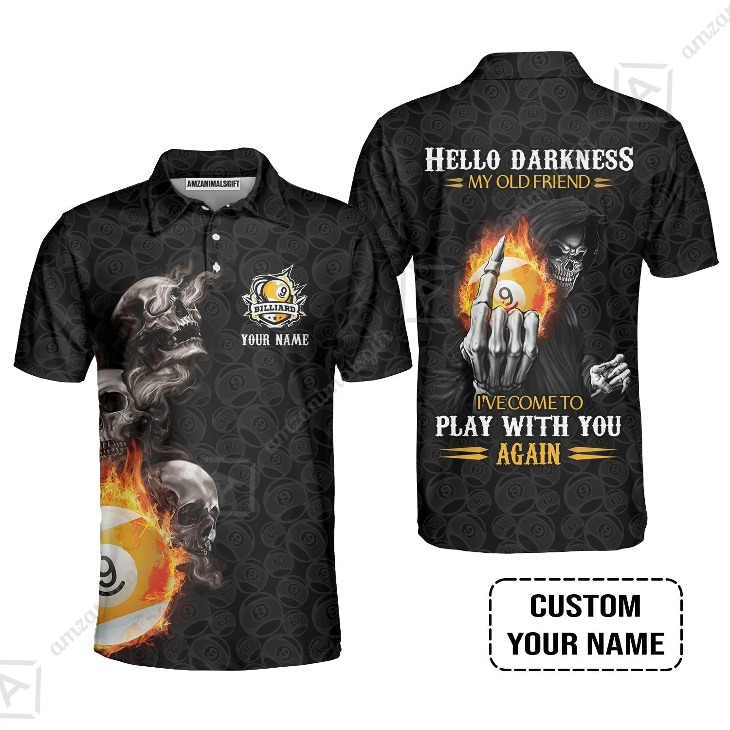 Custom Billiard Women Polo Shirt - Skull Reaper Billiard Pool 9 Ball Hello Darkness My Old Friend Personalized Name Women Polo Shirt - Image 5