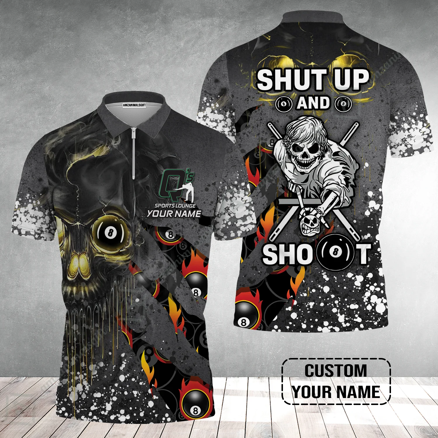 Custom Billiard Zip Polo Shirt - Q's Team Billiards 8 Balls Paint Splash Personalized Name Zip Polo Shirt - Image 2