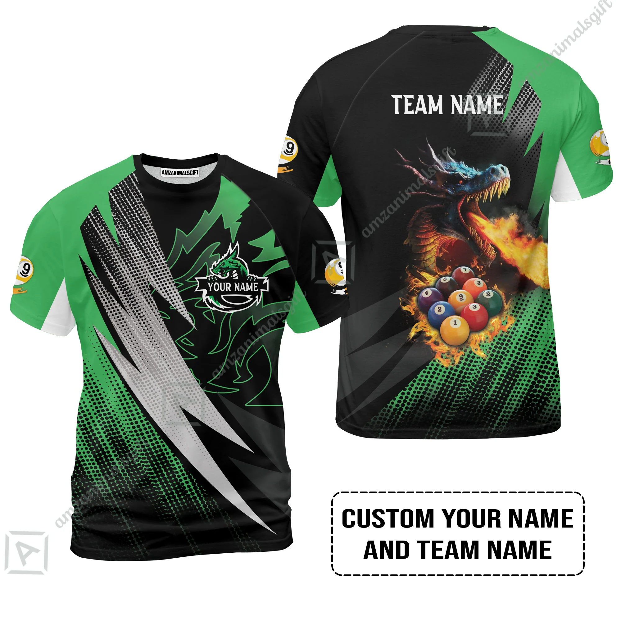 Custom Billiards Men Polo Shirt, Custom Name And Team Name Billiards Pool 9 Ball Dragon Green Pattern Polo Shirt - Image 6