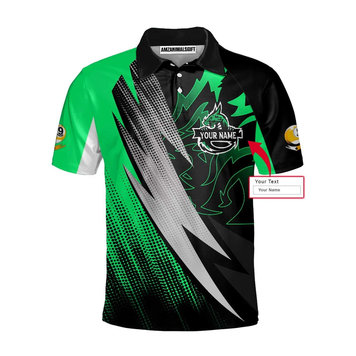 Custom Billiards Men Polo Shirt, Custom Name And Team Name Billiards Pool 9 Ball Dragon Green Pattern Shirt, Personalized Gift For Billiards Team - Image 2