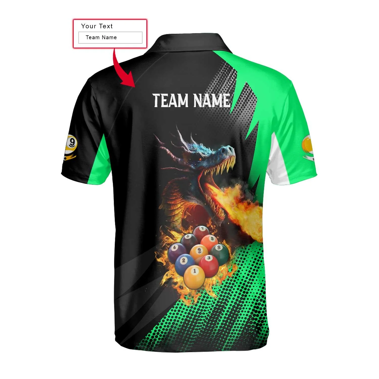 Custom Billiards Men Polo Shirt, Custom Name And Team Name Billiards Pool 9 Ball Dragon Green Pattern Shirt, Personalized Gift For Billiards Team - Image 3