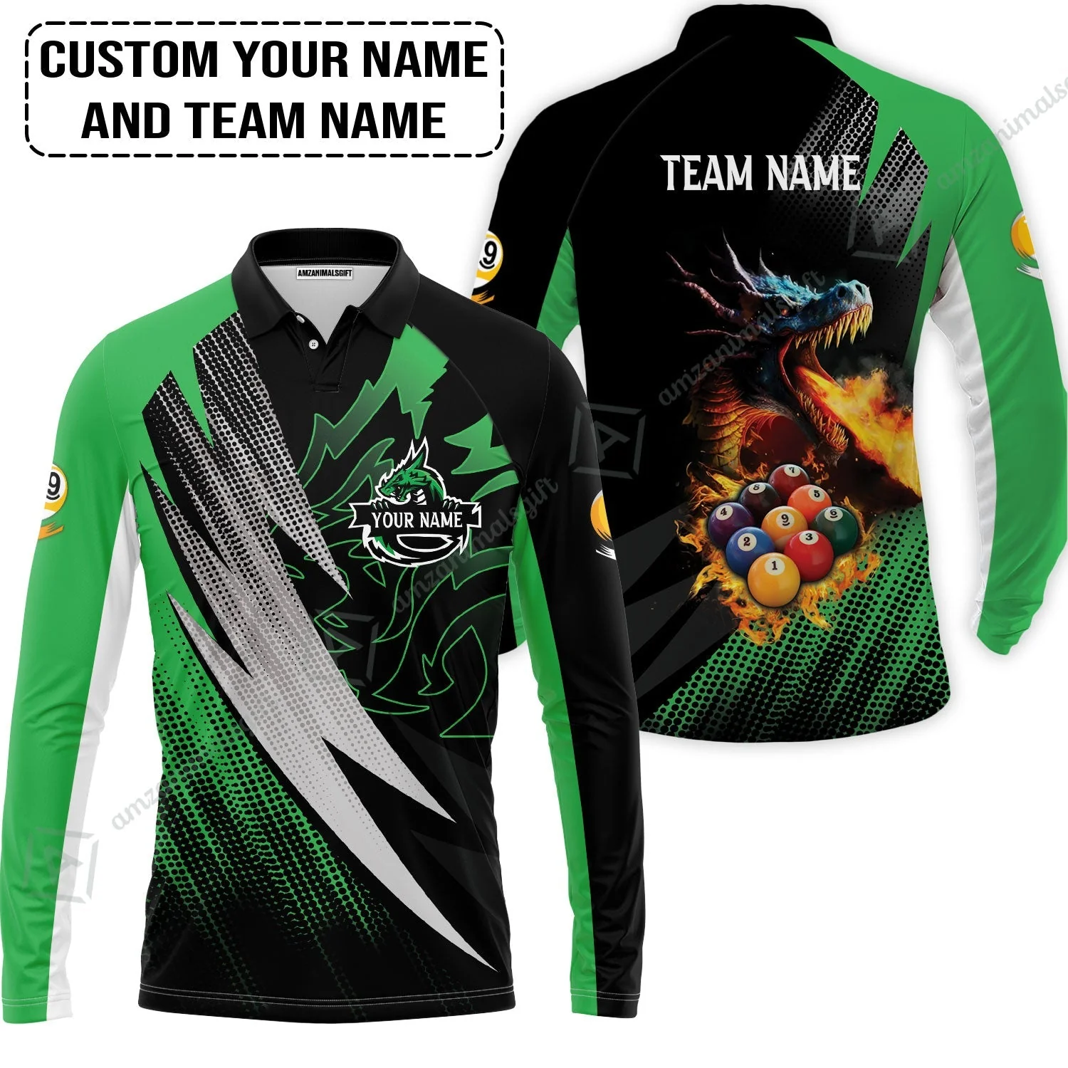 Custom Billiards Zip Polo Shirt, Custom Name And Team Name Billiards Pool 9 Ball Dragon Green Pattern Zip Polo Shirt - Image 3