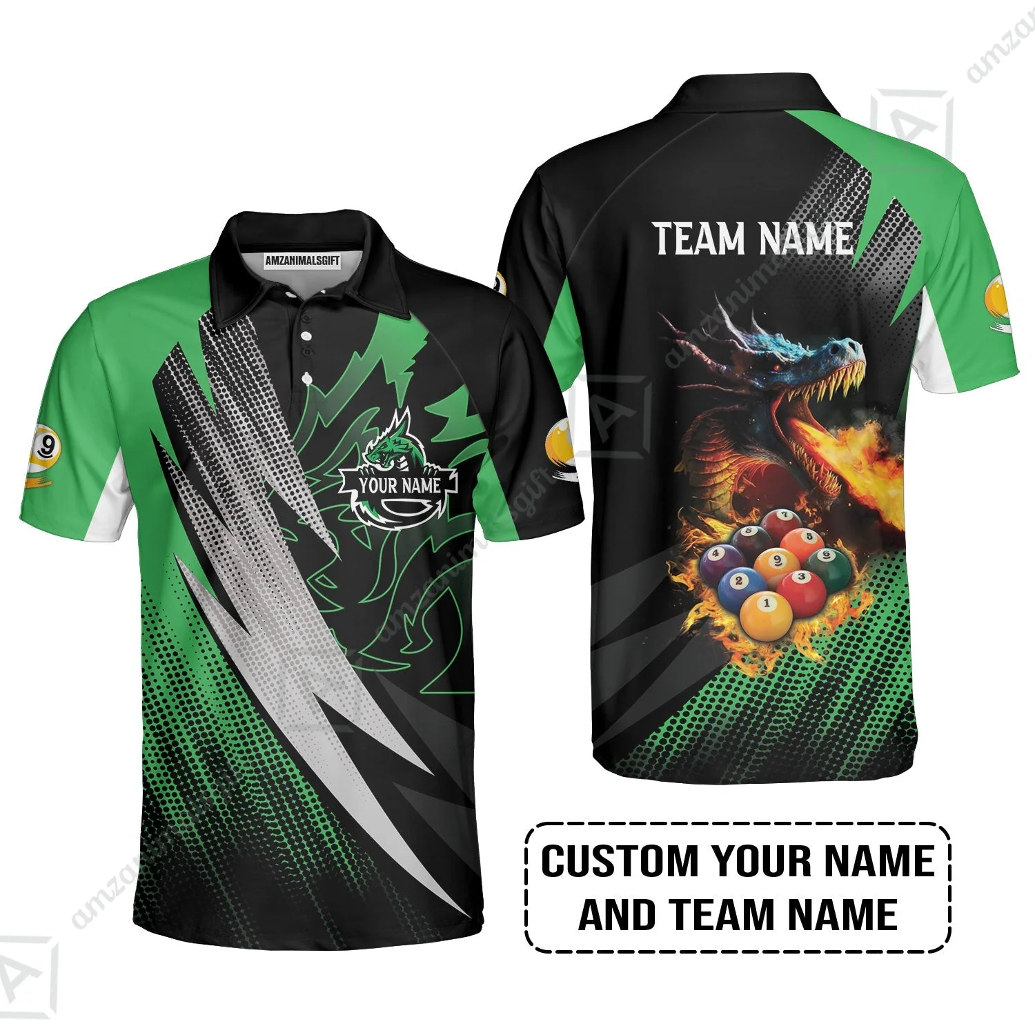 Custom Billiards Zip Polo Shirt, Custom Name And Team Name Billiards Pool 9 Ball Dragon Green Pattern Zip Polo Shirt - Image 4