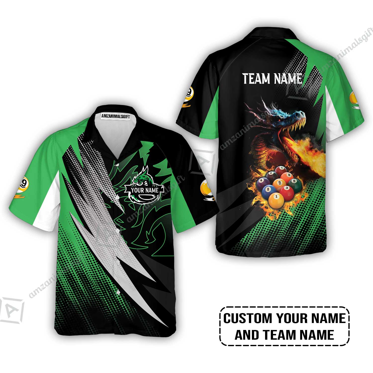 Custom Billiards Zip Polo Shirt, Custom Name And Team Name Billiards Pool 9 Ball Dragon Green Pattern Zip Polo Shirt - Image 5