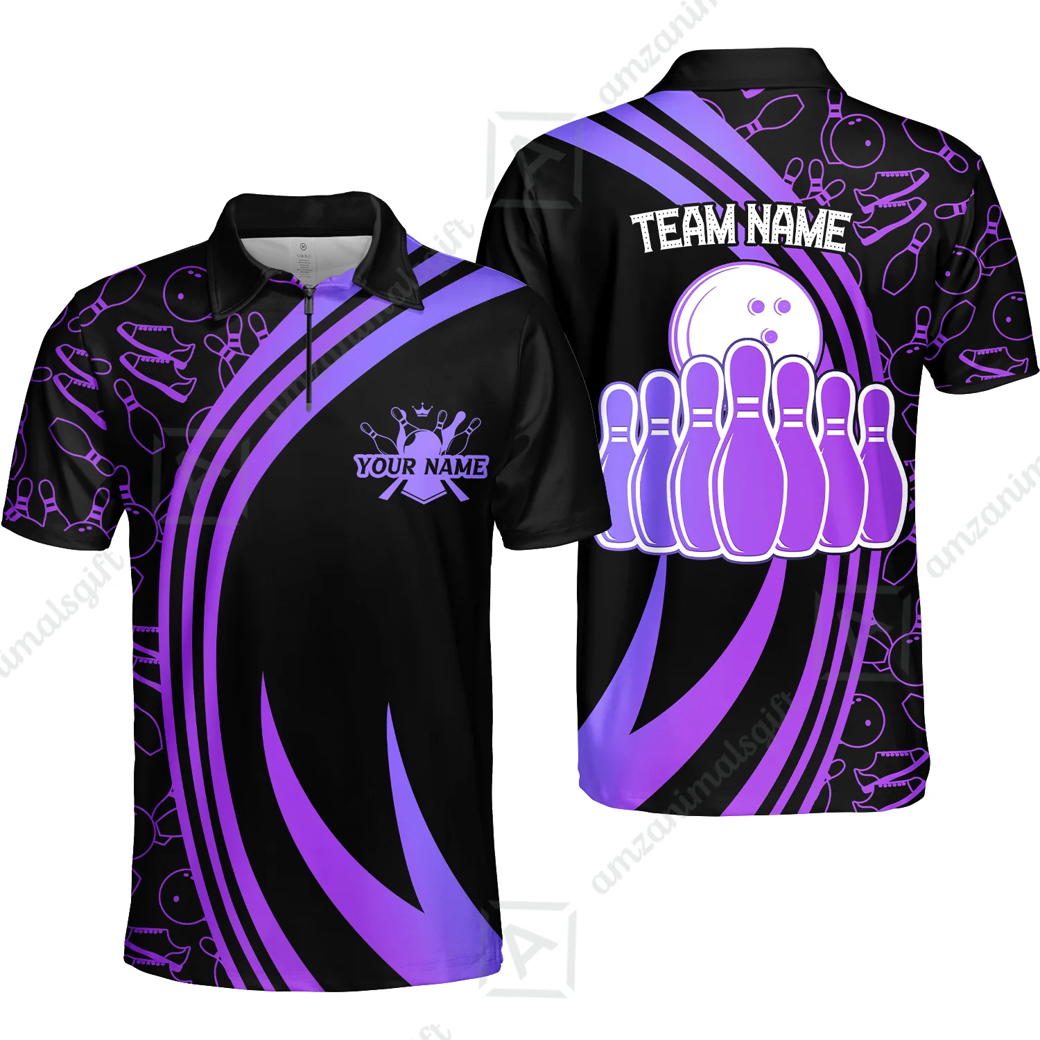 Custom Blue Green Neon Bowling Team Quarter-Zip Polo Shirt, Bowling Uniforms Shirt For Team League Bowlers With Name And Team Name - Image 3
