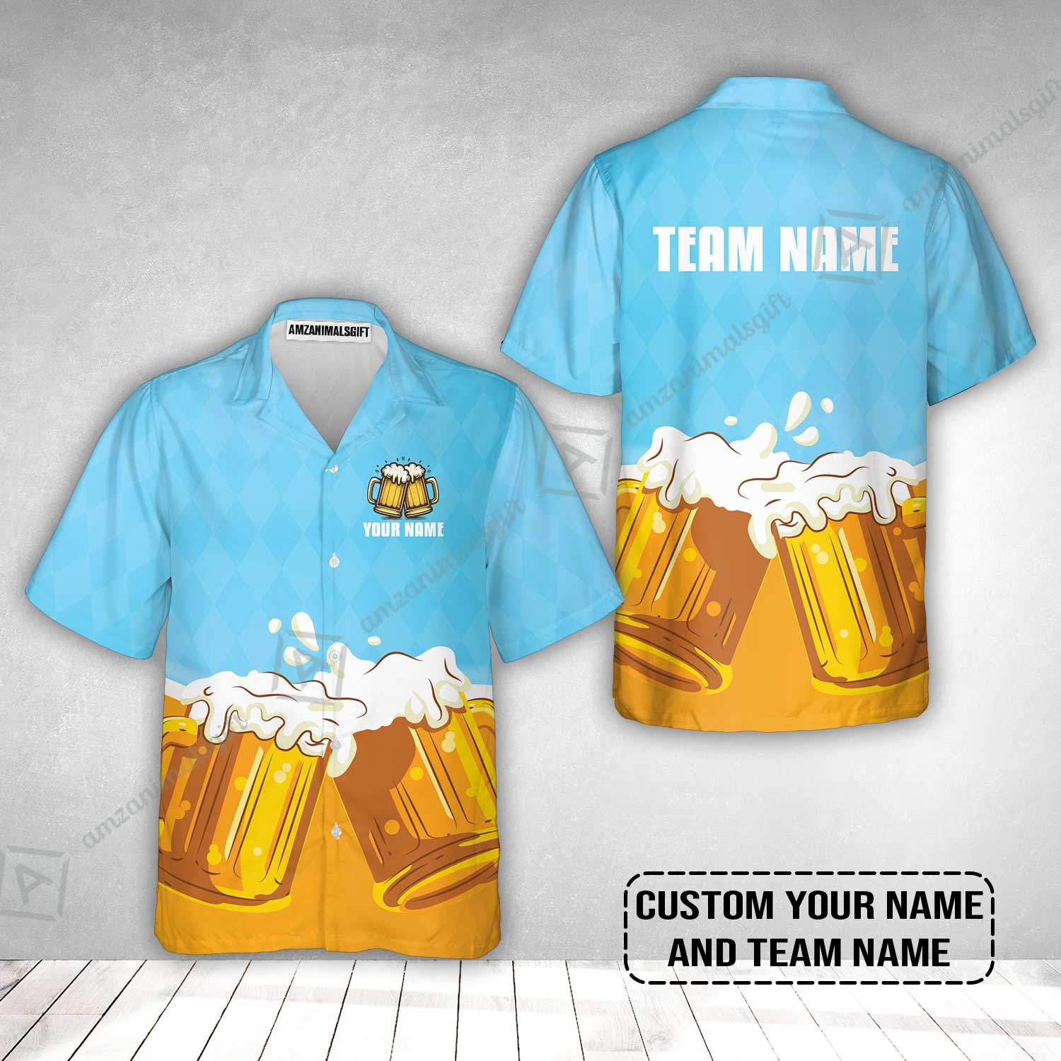 Custom Blue White Orange Beer Pattern Design Oktoberfest Beer Festival Performance Hawaiian Shirt - Image 2