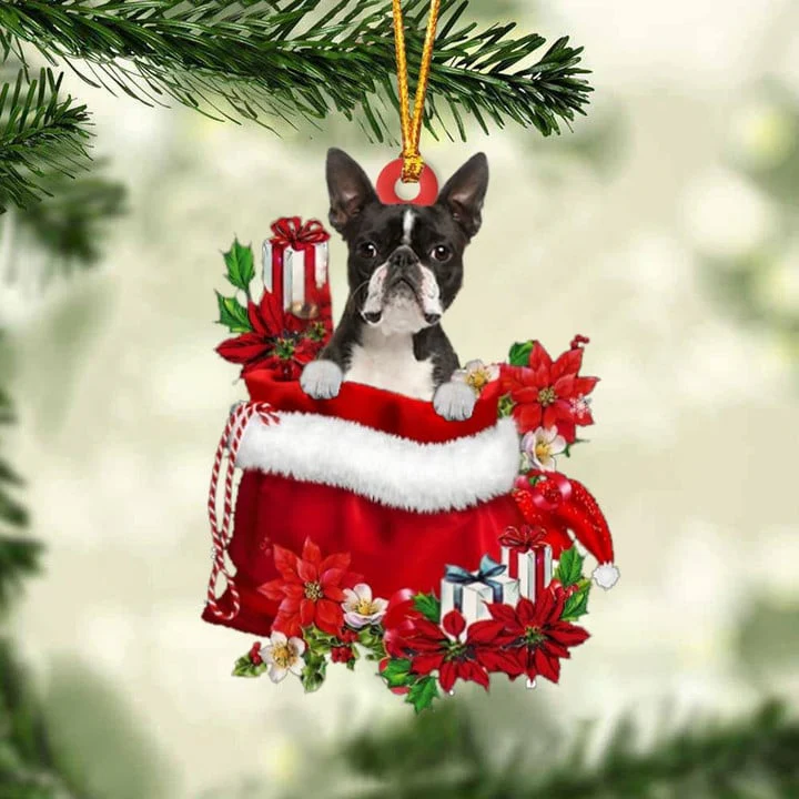 Custom Boston Terrier In Red Gift Bag Acrylic Christmas Ornament, Personalized Name Christmas Gift For Dog Lovers, Dog Mom - Image 2