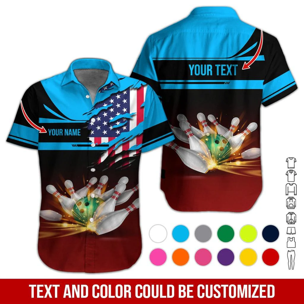 Custom Bowling Aloha Hawaiian Shirt - Bowling Ball And American Flag Personalized Name Hawaiian Shirt For Men & Women, Bowling Lover