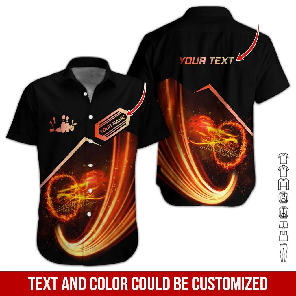 Custom Bowling Aloha Hawaiian Shirt - Bowling Bowl And Fire Circle Pattern Personalized Name Hawaiian Shirt For Men & Women, Bowling Lover