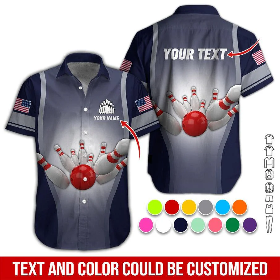 Custom Bowling Aloha Hawaiian Shirt - Bowling Pattern And US Flag Personalized Name Hawaiian Shirt For Men & Women, Bowling Lover - Image 2