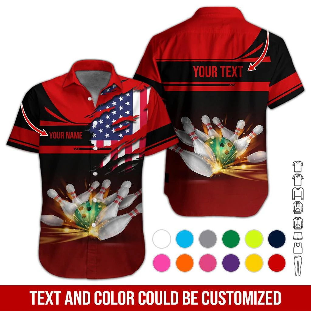 Custom Bowling Aloha Hawaiian Shirt - Cool Bowling Ball And American Flag Personalized Name Hawaiian Shirt For Men & Women, Bowling Lover - Image 2