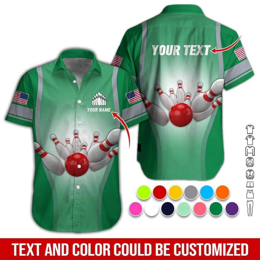Custom Bowling Aloha Hawaiian Shirt - US Flag And Bowling Pattern Personalized Name Hawaiian Shirt For Men & Women, Bowling Lover - Image 2