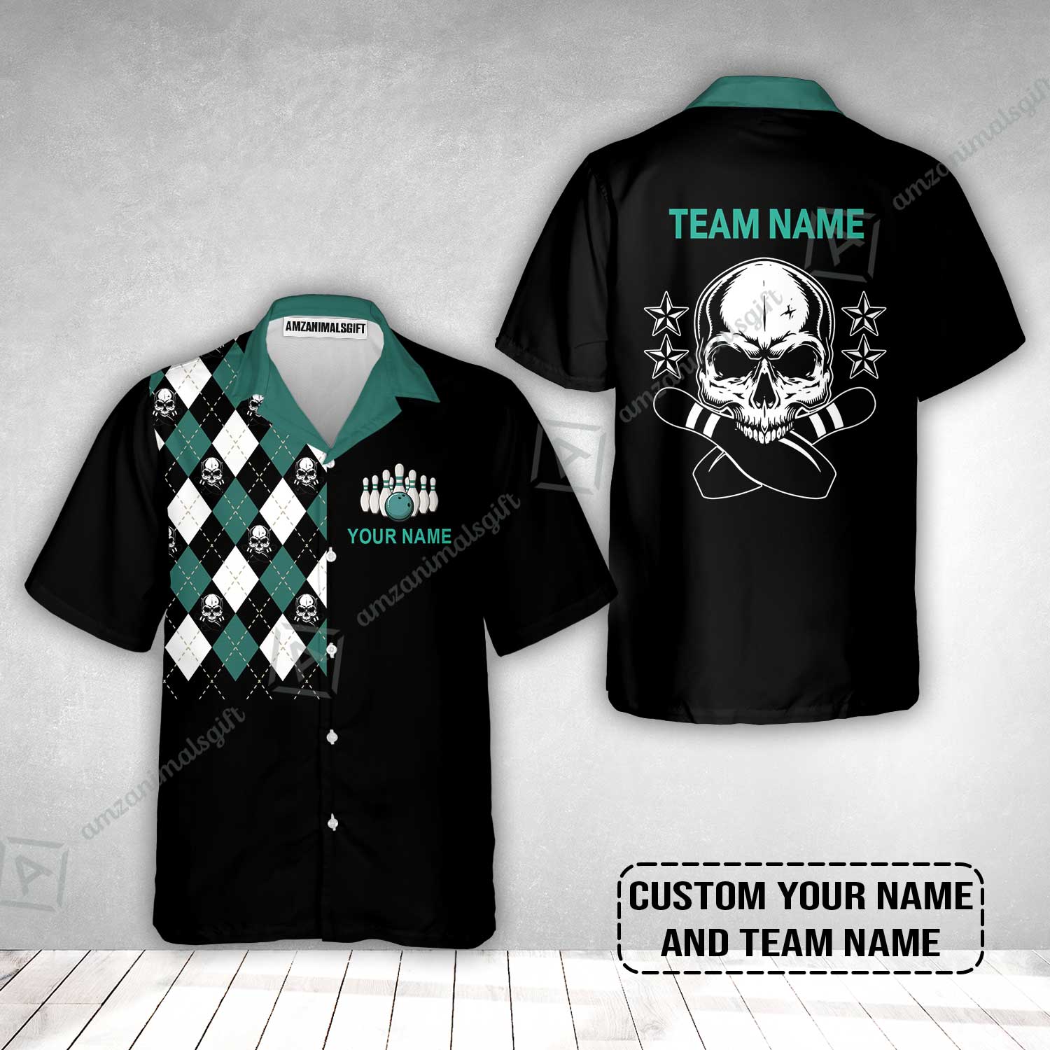 Custom Bowling Hawaiian Shirt - Custom Name Skull Black Bowling Personalized Hawaiian Shirt - Image 2