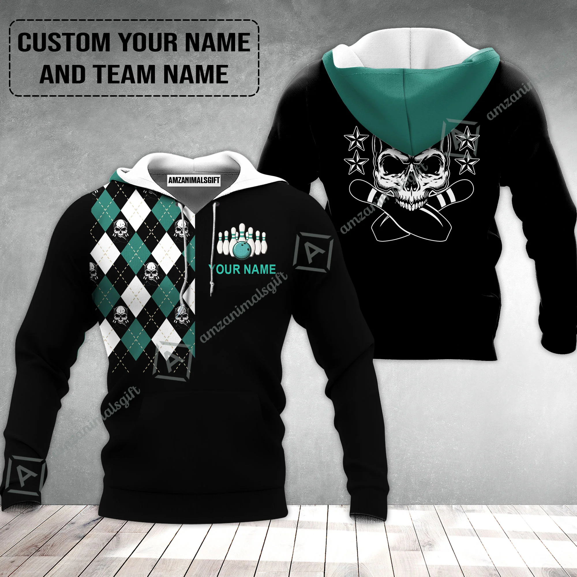 Custom Bowling Hoodie - Custom Name Skull Black Bowling Personalized Hoodie - Image 2