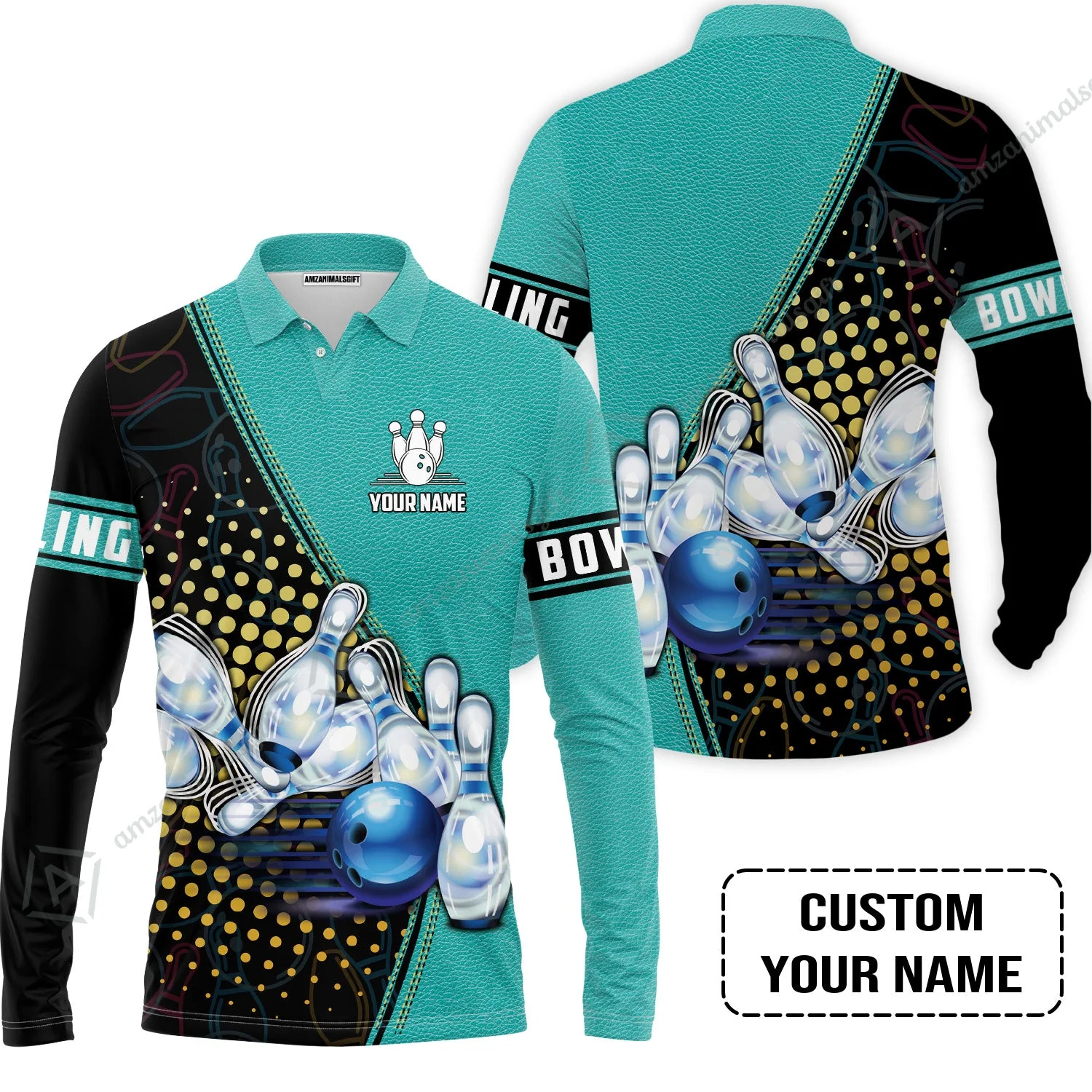 Custom Bowling Long Polo Shirt - Black And Blue Bowling Ball Pattern Personalized Name Long Polo Shirt - Image 7