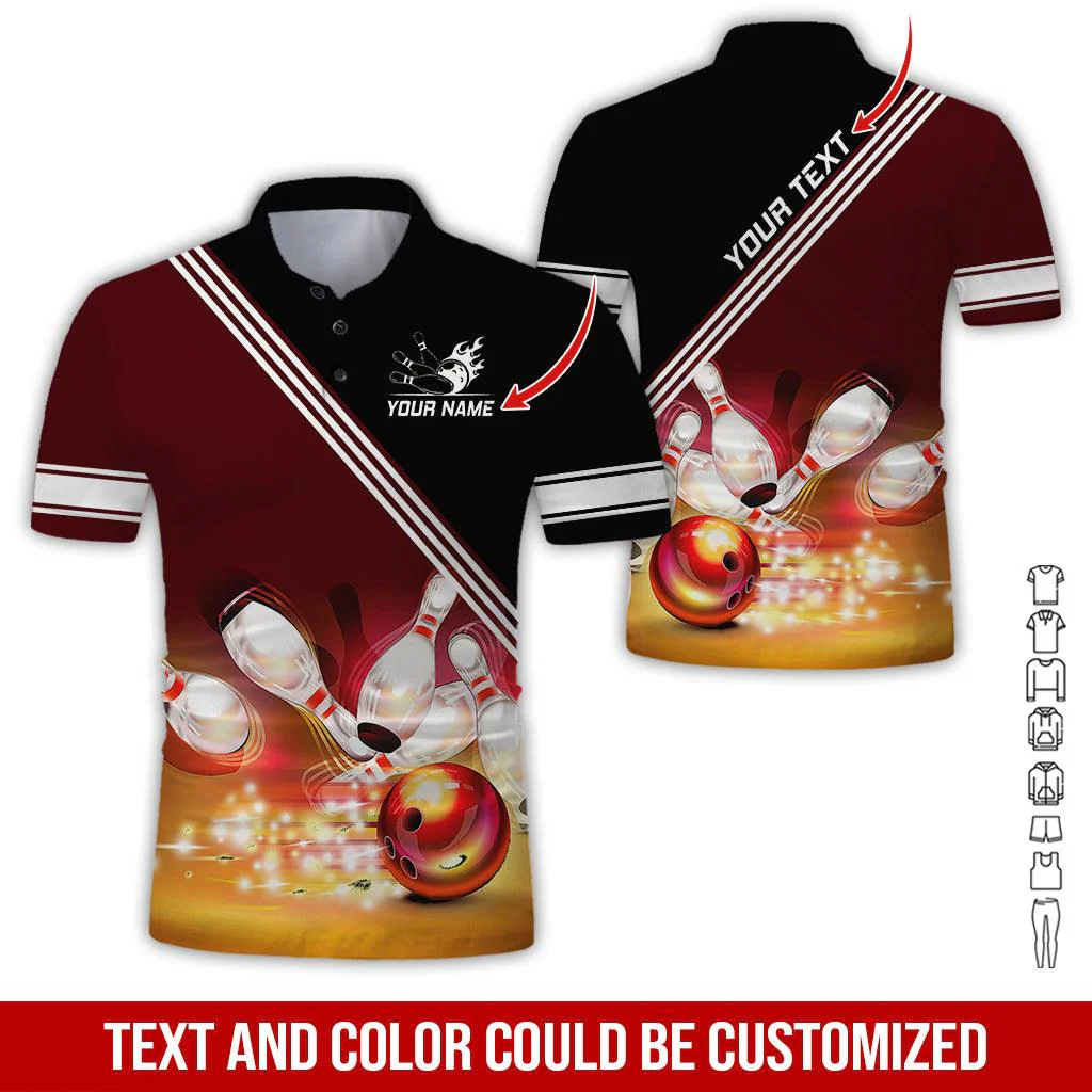 Custom Bowling Men Polo Shirt - Amazing Golden Bowling Ball Shine Personalized Name Polo Shirt - Perfect Bowling Gift For Men, Bowling Lover