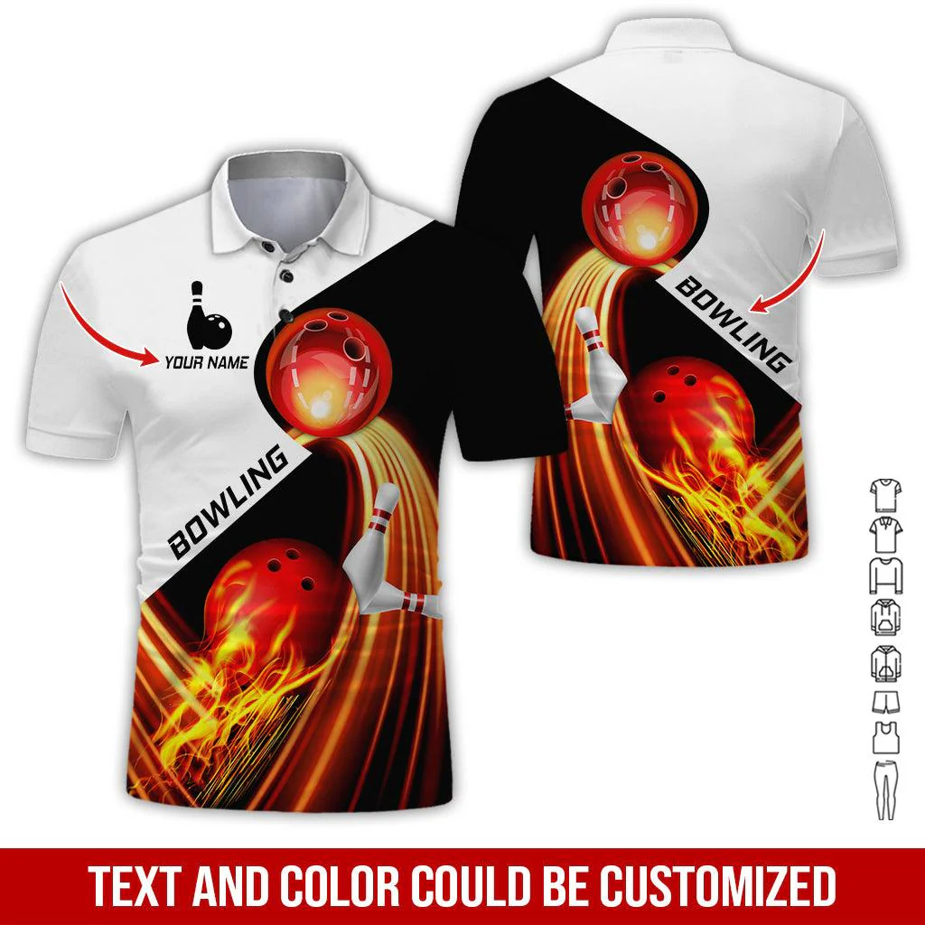 Custom Bowling Men Polo Shirt - Amazing Red Fire Bowling Ball Personalized Name Polo Shirt - Perfect Bowling Gift For Men, Bowling Lover