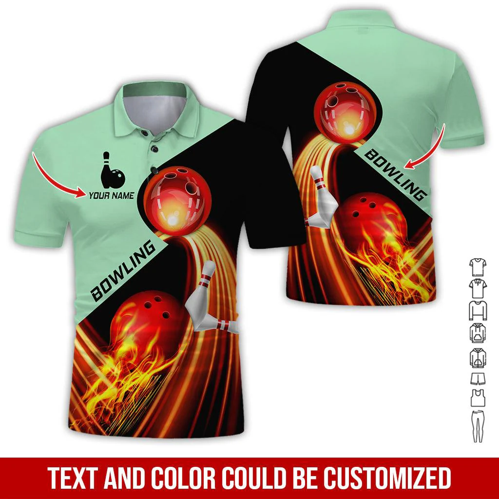 Custom Bowling Men Polo Shirt - Amazing Red Fire Bowling Ball Personalized Name Polo Shirt - Perfect Bowling Gift For Men, Bowling Lover - Image 2