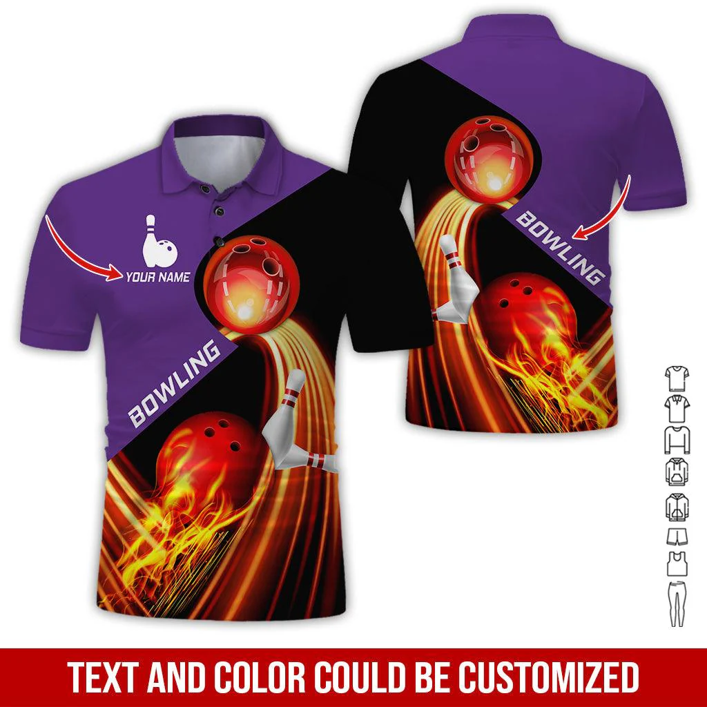 Custom Bowling Men Polo Shirt - Amazing Red Fire Bowling Ball Personalized Name Polo Shirt - Perfect Bowling Gift For Men, Bowling Lover - Image 3