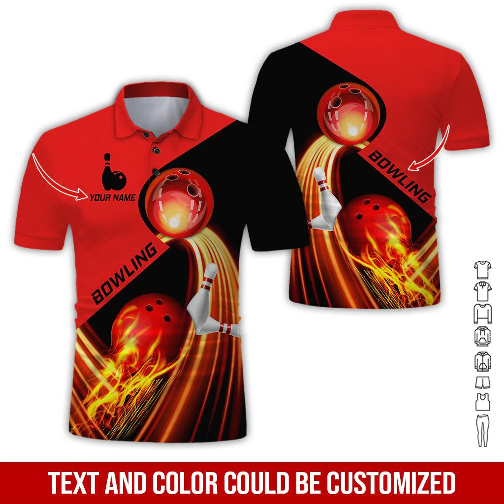 Custom Bowling Men Polo Shirt - Amazing Red Fire Bowling Ball Personalized Name Polo Shirt - Perfect Bowling Gift For Men, Bowling Lover - Image 4
