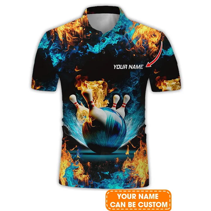 Custom Bowling Men Polo Shirt - Blue Fire Bowling Pattern Personalized Name Polo Shirt - Perfect Bowling Gift For Men, Bowling Lover - Image 2