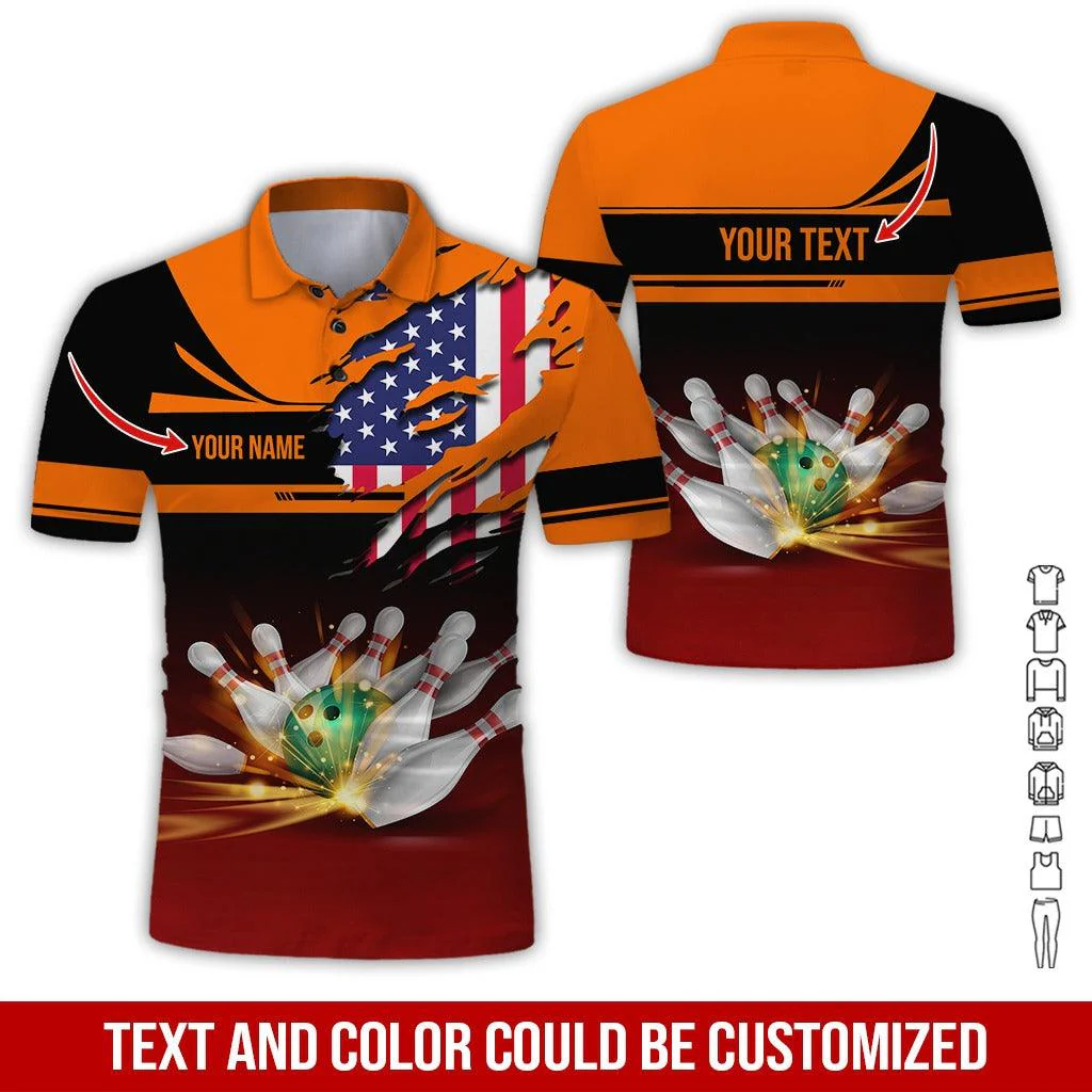 Custom Bowling Men Polo Shirt - Bowling Ball And US Flag Personalized Name Polo Shirt - Perfect Bowling Gift For Men, Bowling Lover - Image 3