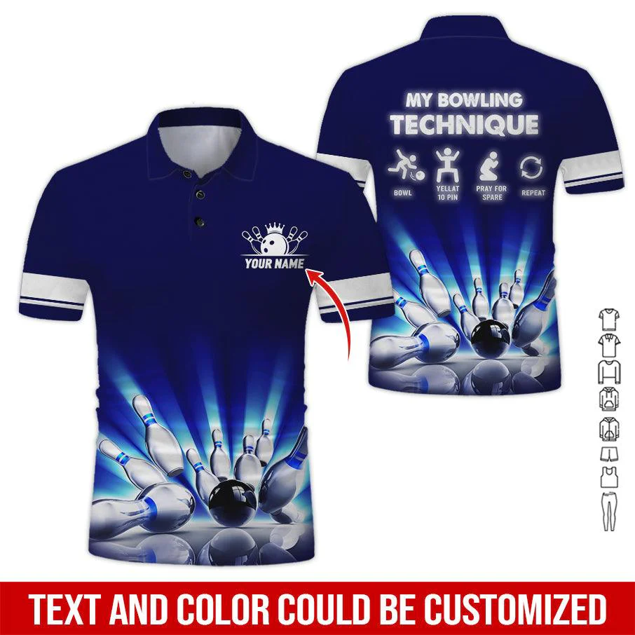 Custom Bowling Men Polo Shirt - Bowling Ball Pattern, My Bowling Technique Personalized Name Polo Shirt - Perfect Bowling Gift For Men, Bowling Lover